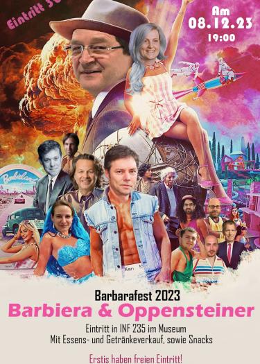 Plakat für das  Barbarafest 2023: Gesichter von Professor*innen und Dozent*innen auf die Köpfe einer Mischung der Filmplakate für Barbie und Oppenheimer gefotoshopped.