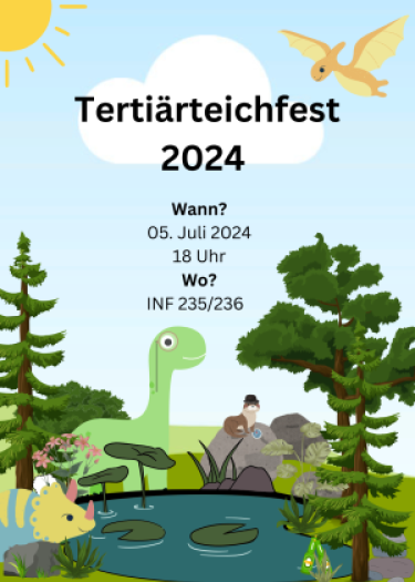 Plakat zum Tertiärteichfest 2024, Termindaten vor illustriertem Teich mit Dinos