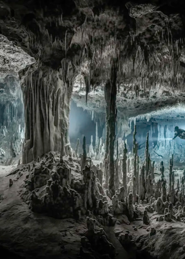 Underwater caves with speleothems